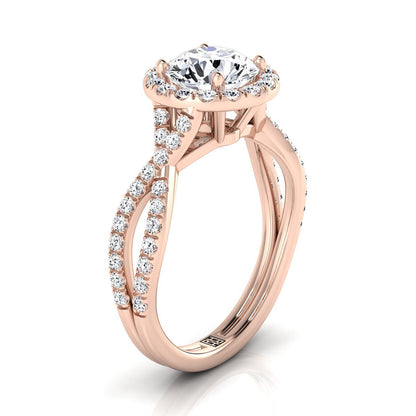 14K Rose Gold Round Brilliant Diamond  Twisted Scalloped Pavé Halo Center Engagement Ring -1/2ctw