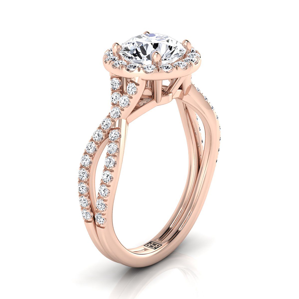 14K Rose Gold Round Brilliant Morganite  Twisted Scalloped Pavé Diamonds Halo Engagement Ring -1/2ctw