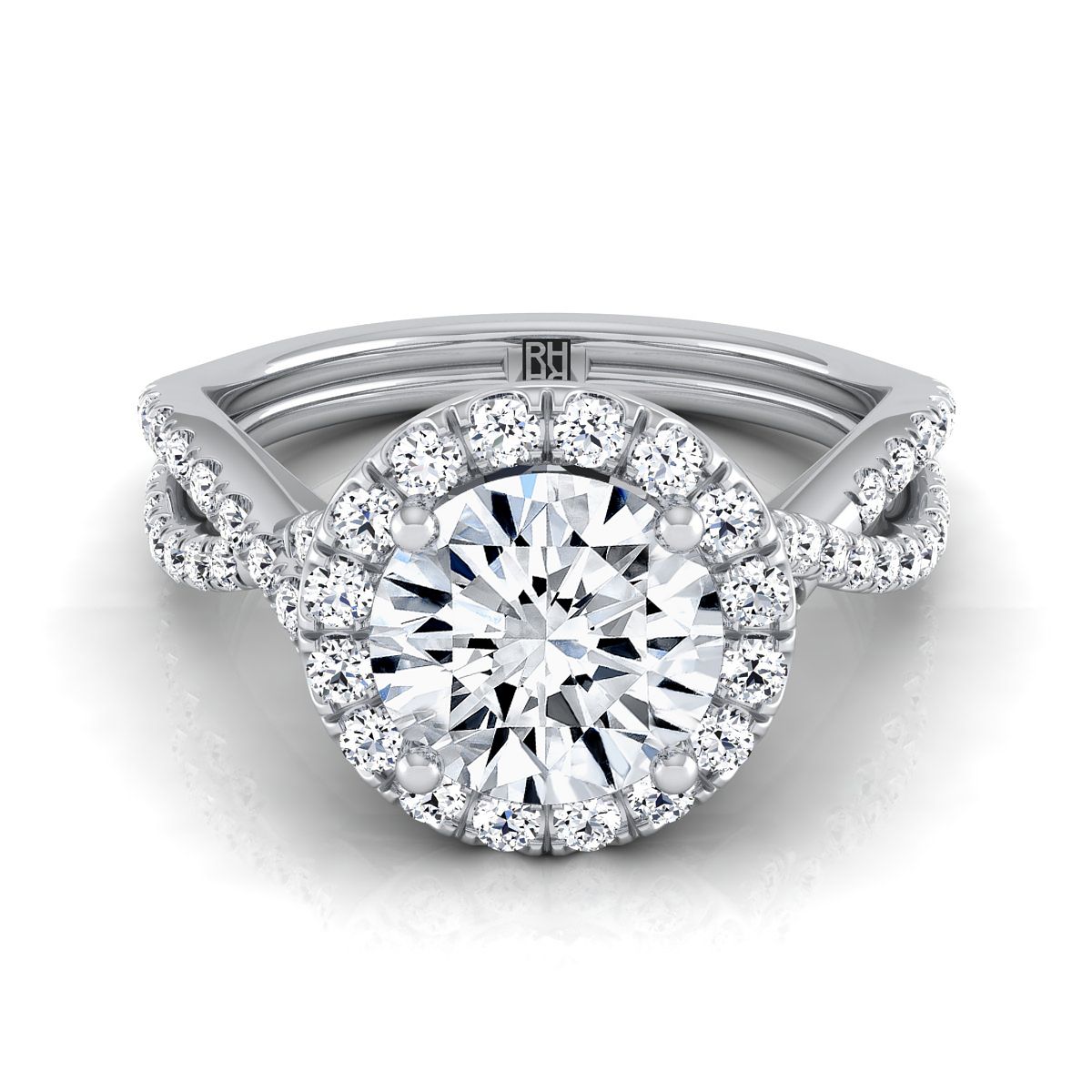 Platinum Round Brilliant Diamond  Twisted Scalloped Pavé Halo Center Engagement Ring -1/2ctw