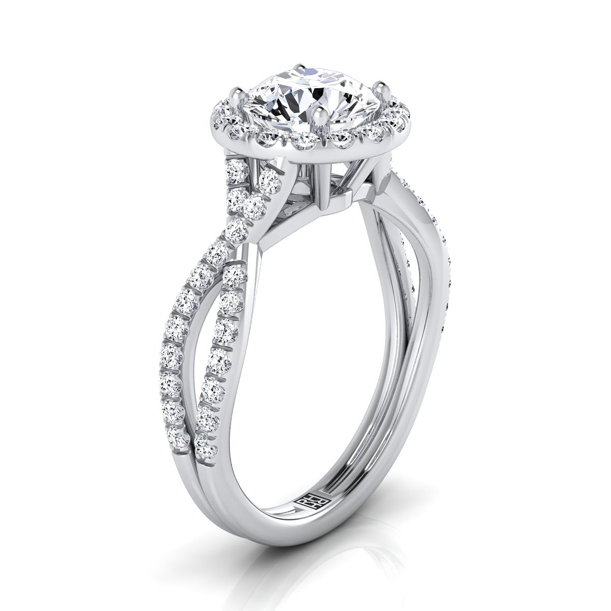 18K White Gold Round Brilliant Diamond  Twisted Scalloped Pavé Halo Center Engagement Ring -1/2ctw