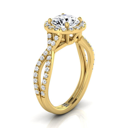 18K Yellow Gold Round Brilliant Diamond  Twisted Scalloped Pavé Halo Center Engagement Ring -1/2ctw