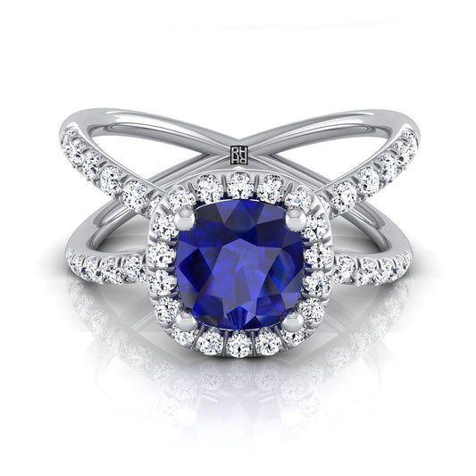 18K White Gold Cushion Sapphire Open Criss Cross French Pave Diamond Engagement Ring -1/2ctw