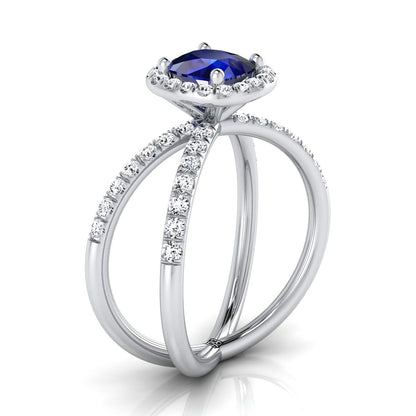 18K White Gold Cushion Sapphire Open Criss Cross French Pave Diamond Engagement Ring -1/2ctw
