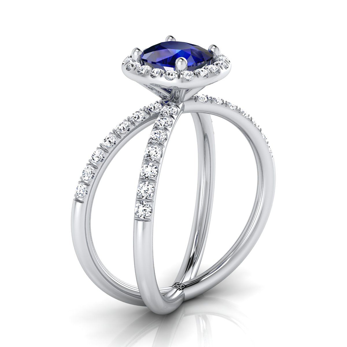 Platinum Cushion Sapphire Open Criss Cross French Pave Diamond Engagement Ring -1/2ctw