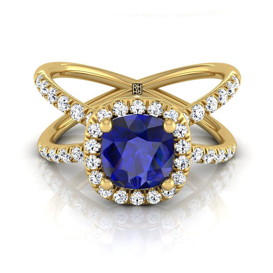 14K Yellow Gold Cushion Sapphire Open Criss Cross French Pave Diamond Engagement Ring -1/2ctw