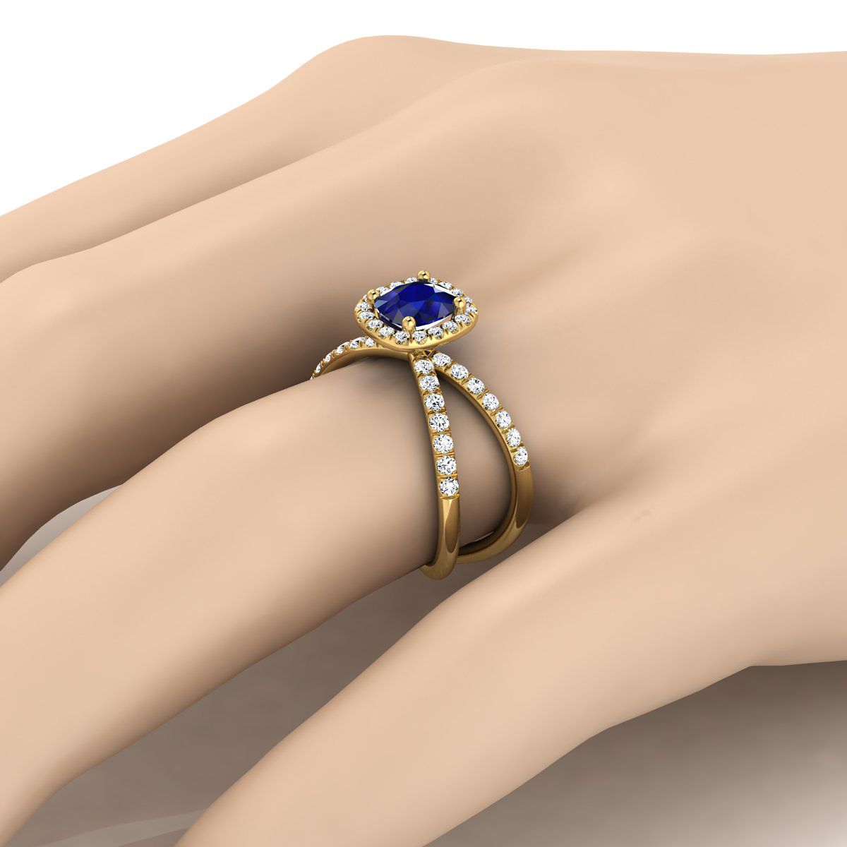 18K Yellow Gold Cushion Sapphire Open Criss Cross French Pave Diamond Engagement Ring -1/2ctw