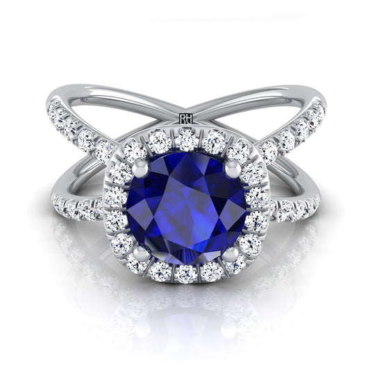 14K White Gold Round Brilliant Sapphire Open Criss Cross French Pave Diamond Engagement Ring -1/2ctw