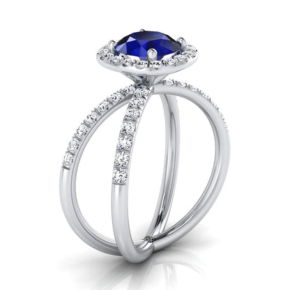 18K White Gold Round Brilliant Sapphire Open Criss Cross French Pave Diamond Engagement Ring -1/2ctw