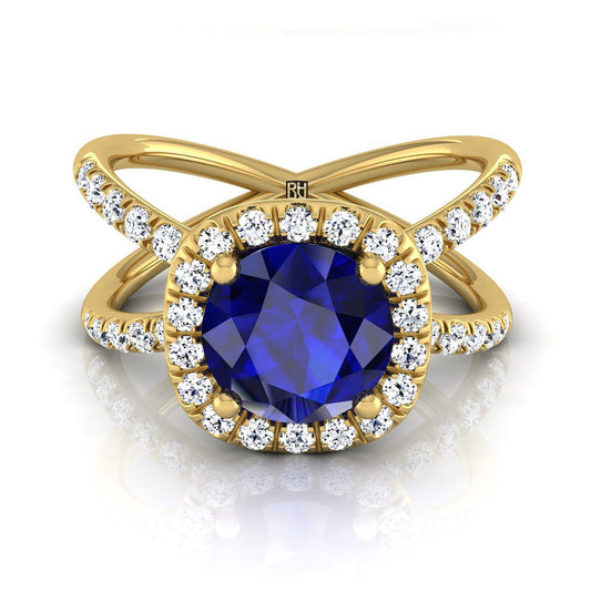 14K Yellow Gold Round Brilliant Sapphire Open Criss Cross French Pave Diamond Engagement Ring -1/2ctw
