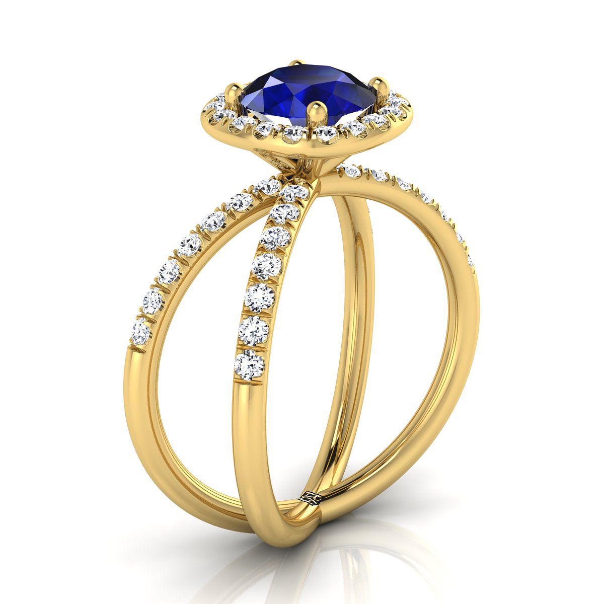 18K Yellow Gold Round Brilliant Sapphire Open Criss Cross French Pave Diamond Engagement Ring -1/2ctw