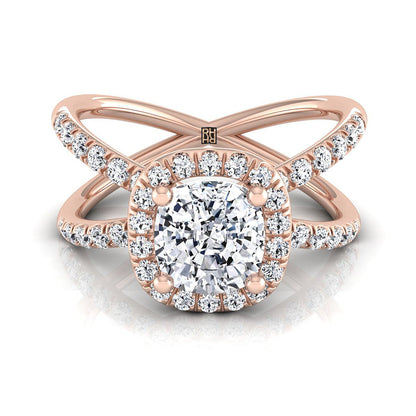 14K Rose Gold Cushion Diamond Open Criss Cross French Pave Engagement Ring -1/2ctw