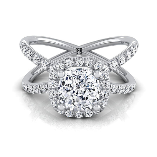 18K White Gold Cushion Diamond Open Criss Cross French Pave Engagement Ring -1/2ctw