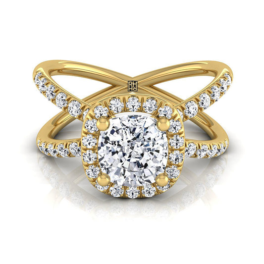 18K Yellow Gold Cushion Diamond Open Criss Cross French Pave Engagement Ring -1/2ctw