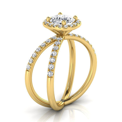 14K Yellow Gold Cushion Diamond Open Criss Cross French Pave Engagement Ring -1/2ctw