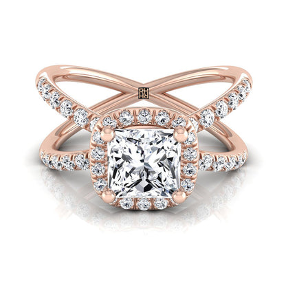 14K Rose Gold Princess Cut Diamond Open Criss Cross French Pave Engagement Ring -1/2ctw