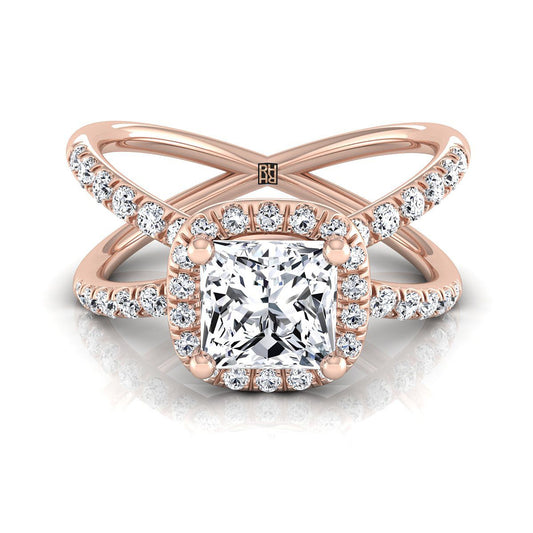 14K Rose Gold Princess Cut Diamond Open Criss Cross French Pave Engagement Ring -1/2ctw