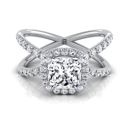 Platinum Princess Cut Diamond Open Criss Cross French Pave Engagement Ring -1/2ctw