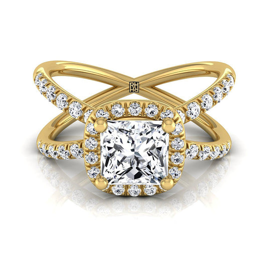 14K Yellow Gold Princess Cut Diamond Open Criss Cross French Pave Engagement Ring -1/2ctw