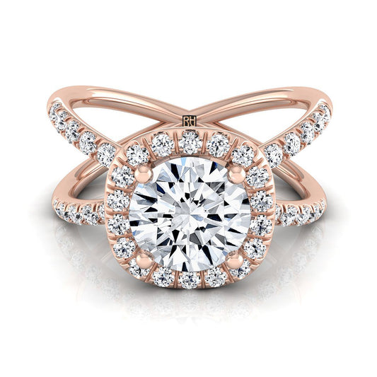 14K Rose Gold Round Brilliant Diamond Open Criss Cross French Pave Engagement Ring -1/2ctw