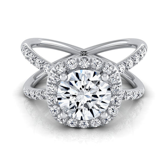 18K White Gold Round Brilliant Diamond Open Criss Cross French Pave Engagement Ring -1/2ctw