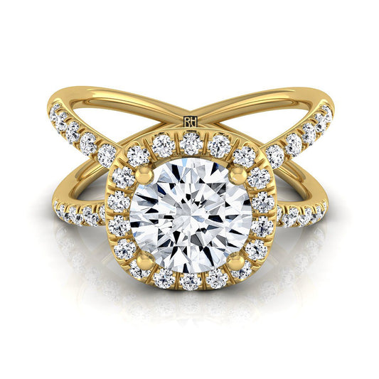 18K Yellow Gold Round Brilliant Diamond Open Criss Cross French Pave Engagement Ring -1/2ctw