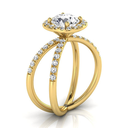 18K Yellow Gold Round Brilliant Diamond Open Criss Cross French Pave Engagement Ring -1/2ctw