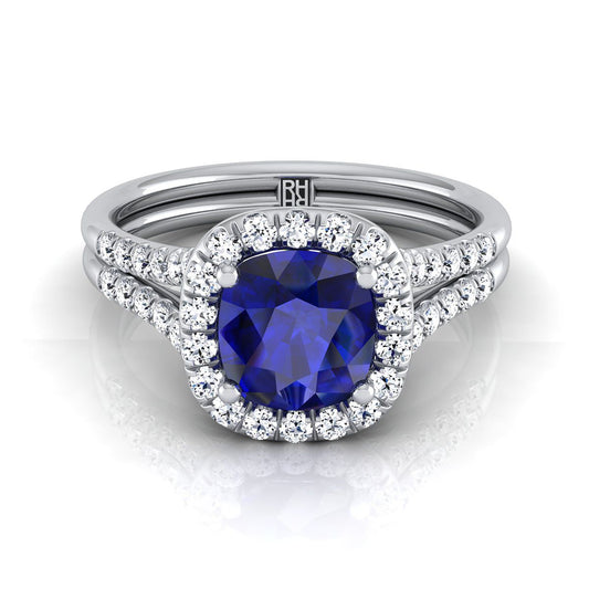 Platinum Cushion French Pave Split Shank Halo Engagement Ring -3/8ctw