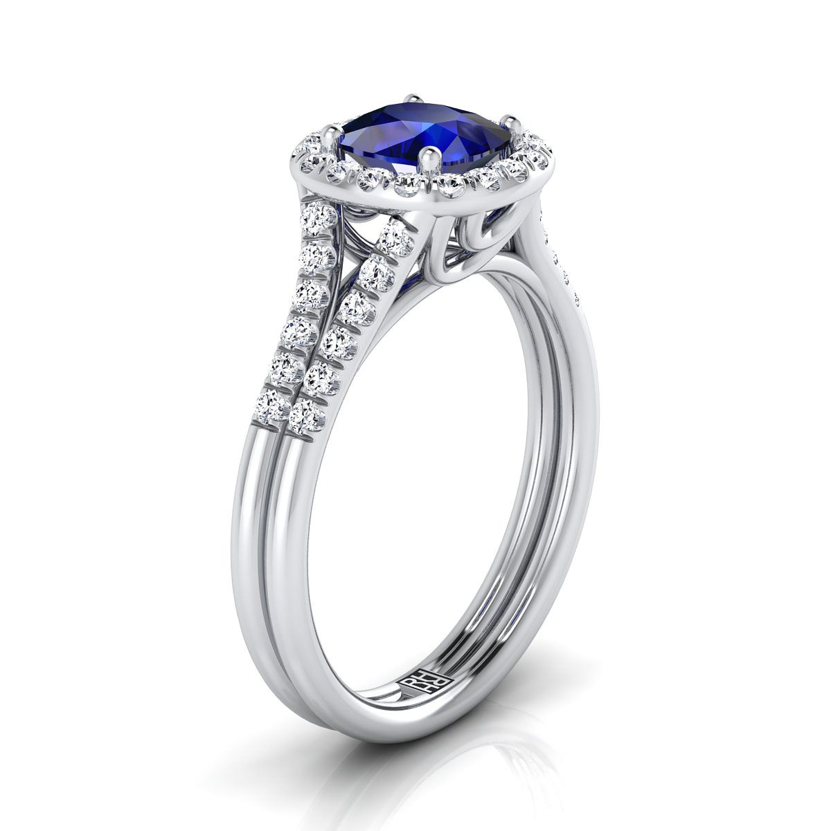 Platinum Cushion French Pave Split Shank Halo Engagement Ring -3/8ctw