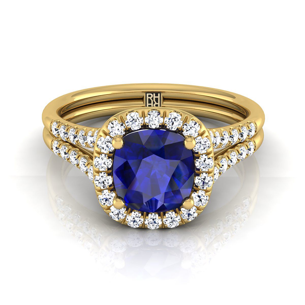 14K Yellow Gold Cushion French Pave Split Shank Halo Engagement Ring -3/8ctw