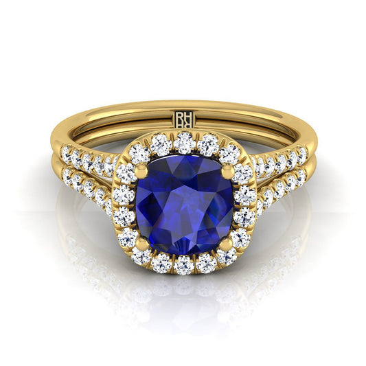 14K Yellow Gold Cushion French Pave Split Shank Halo Engagement Ring -3/8ctw