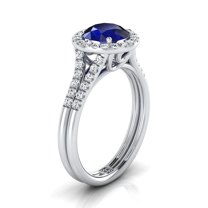 Platinum Round Brilliant French Pave Split Shank Halo Engagement Ring -3/8ctw