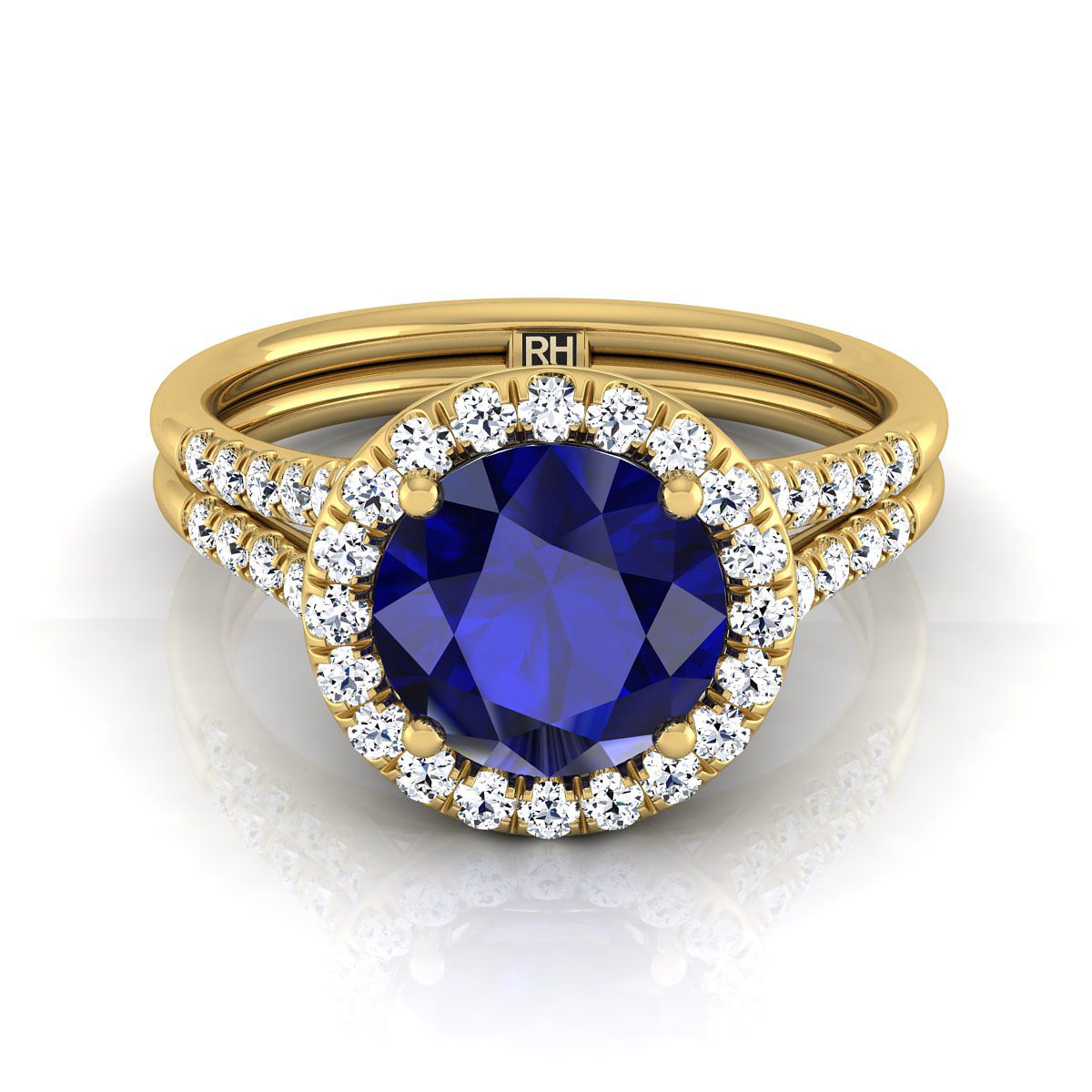 14K Yellow Gold Round Brilliant French Pave Split Shank Halo Engagement Ring -3/8ctw