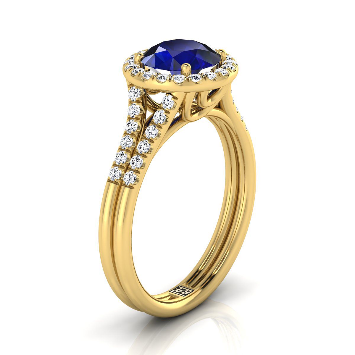 14K Yellow Gold Round Brilliant French Pave Split Shank Halo Engagement Ring -3/8ctw