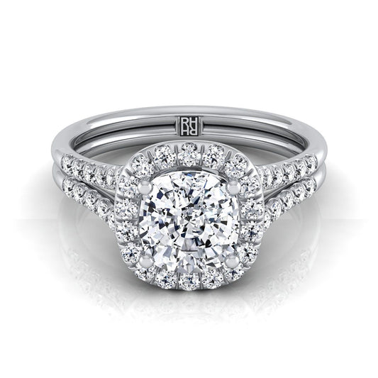 Platinum Cushion French Pave Split Shank Halo Engagement Ring -3/8ctw