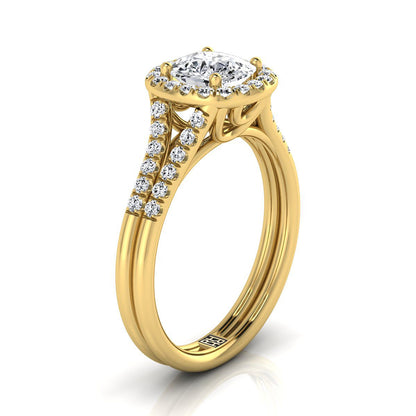 18K Yellow Gold Cushion French Pave Split Shank Halo Engagement Ring -3/8ctw