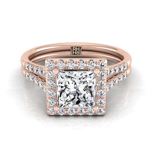 14K Rose Gold Princess Cut French Pave Split Shank Halo Engagement Ring -3/8ctw