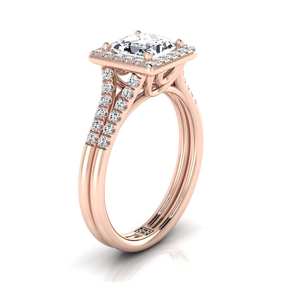 14K Rose Gold Princess Cut French Pave Split Shank Halo Engagement Ring -3/8ctw
