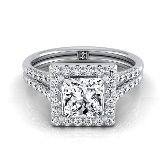 Platinum Princess Cut French Pave Split Shank Halo Engagement Ring -3/8ctw