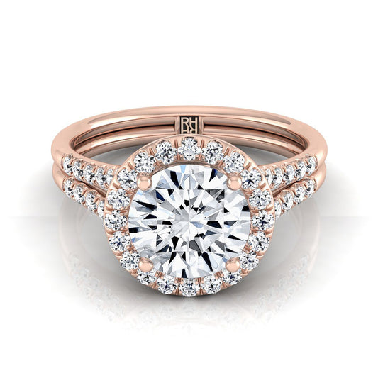 14K Rose Gold Round Brilliant French Pave Split Shank Halo Engagement Ring -3/8ctw