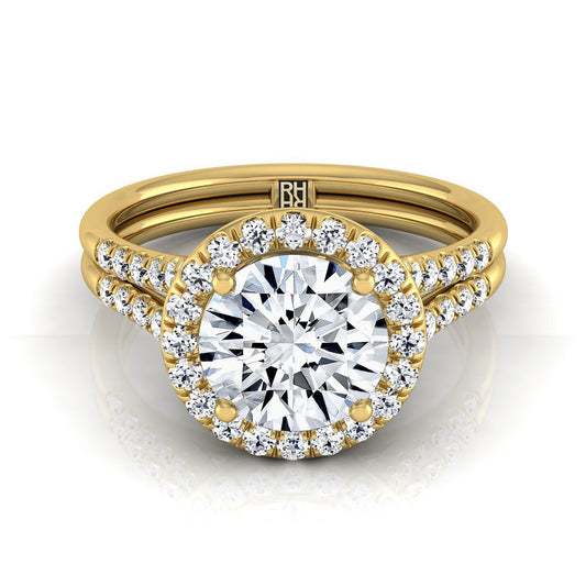 18K Yellow Gold Round Brilliant French Pave Split Shank Halo Engagement Ring -3/8ctw