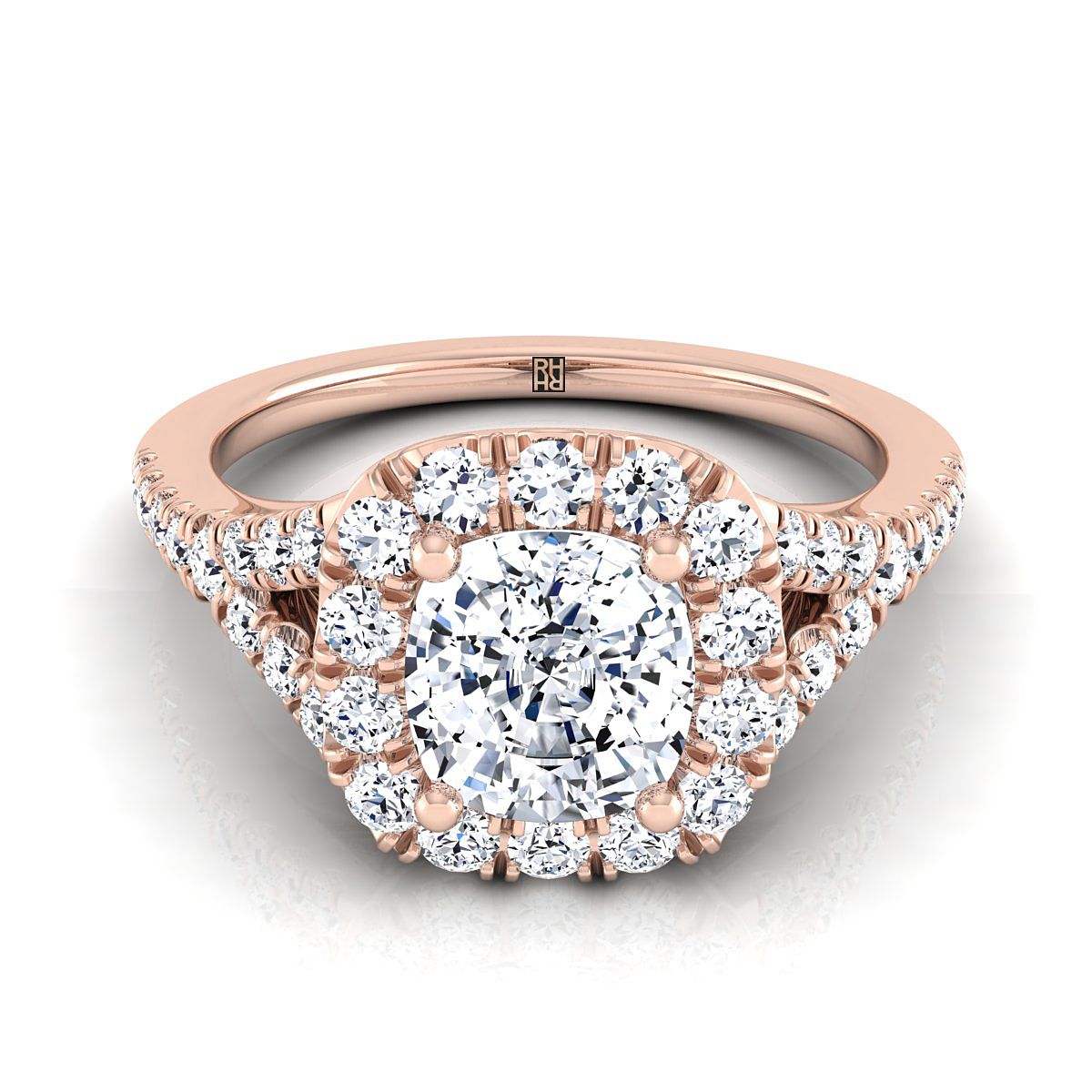 14K Rose Gold Cushion Diamond Simple Prong Halo Split Shank Engagement Ring -1/2ctw