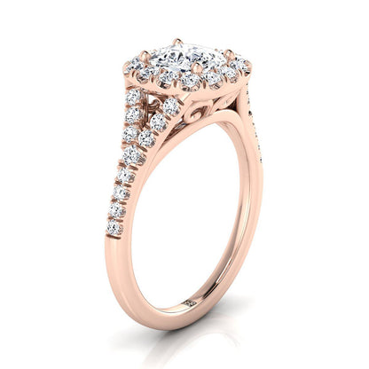 14K Rose Gold Cushion Diamond Simple Prong Halo Split Shank Engagement Ring -1/2ctw