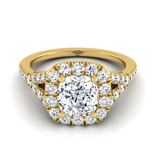 18K Yellow Gold Cushion Diamond Simple Prong Halo Split Shank Engagement Ring -1/2ctw