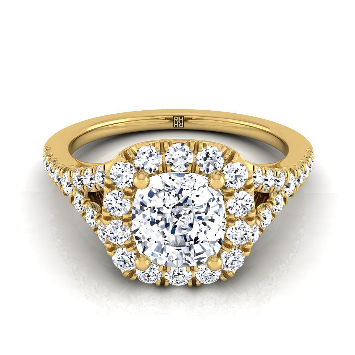 14K Yellow Gold Cushion Diamond Simple Prong Halo Split Shank Engagement Ring -1/2ctw