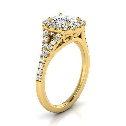 14K Yellow Gold Cushion Diamond Simple Prong Halo Split Shank Engagement Ring -1/2ctw