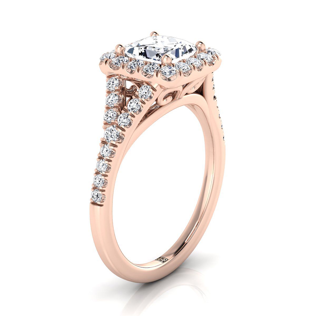 14K Rose Gold Princess Cut Diamond Simple Prong Halo Split Shank Engagement Ring -1/2ctw