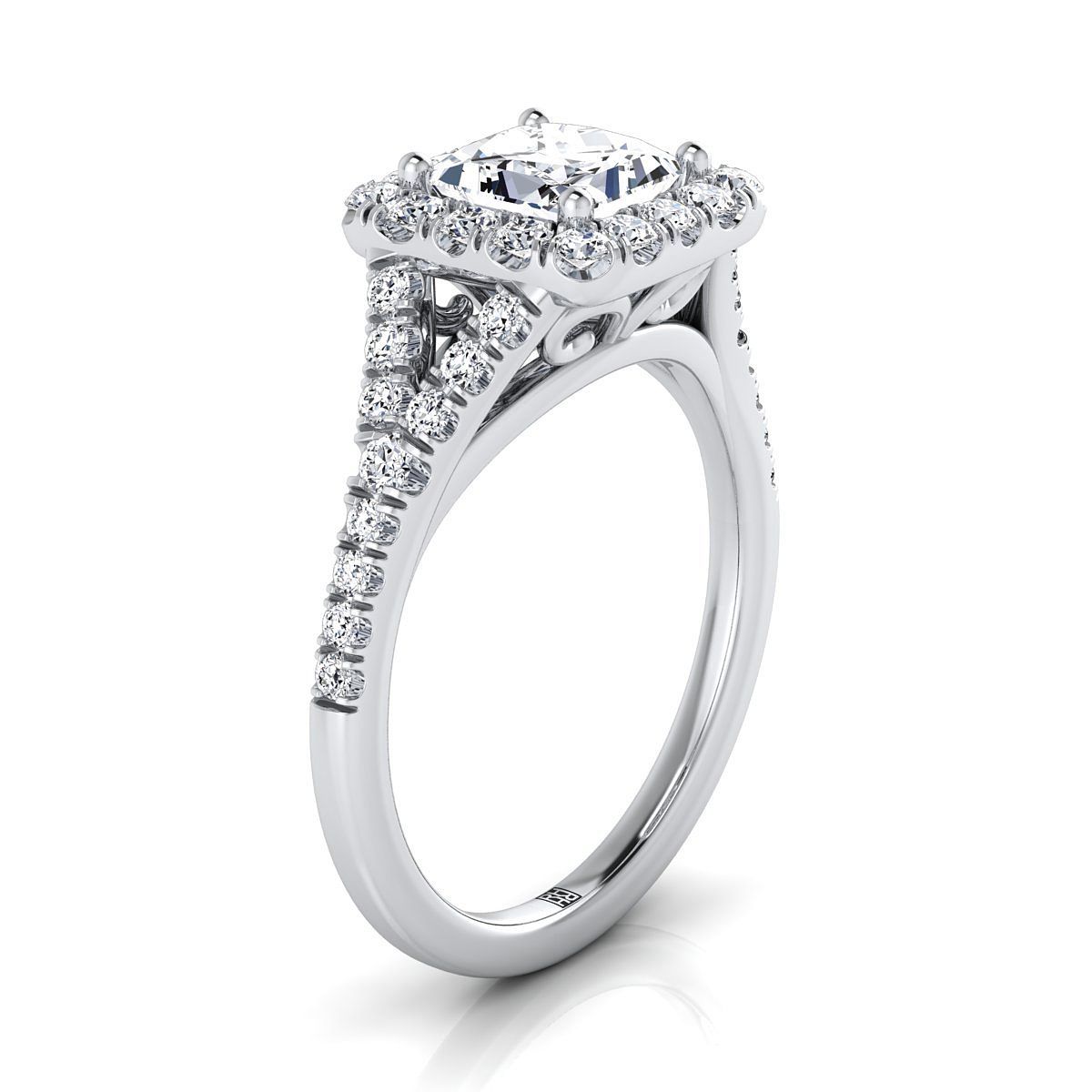 14K White Gold Princess Cut Diamond Simple Prong Halo Split Shank Engagement Ring -1/2ctw