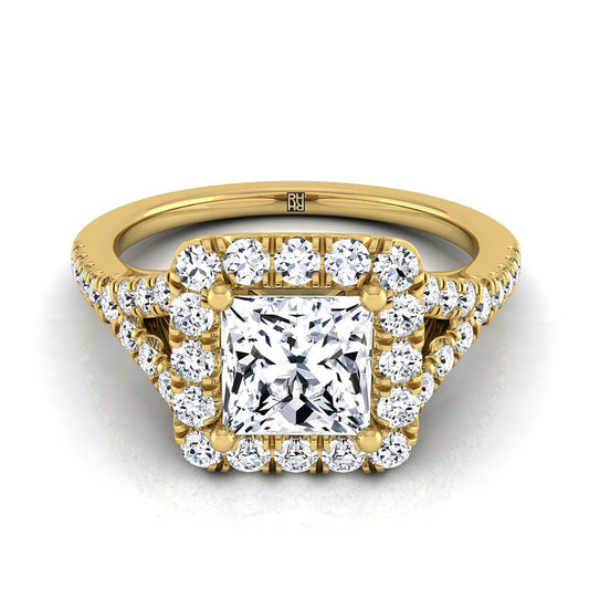 14K Yellow Gold Princess Cut Diamond Simple Prong Halo Split Shank Engagement Ring -1/2ctw