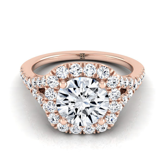 14K Rose Gold Round Brilliant Diamond Simple Prong Halo Split Shank Engagement Ring -1/2ctw