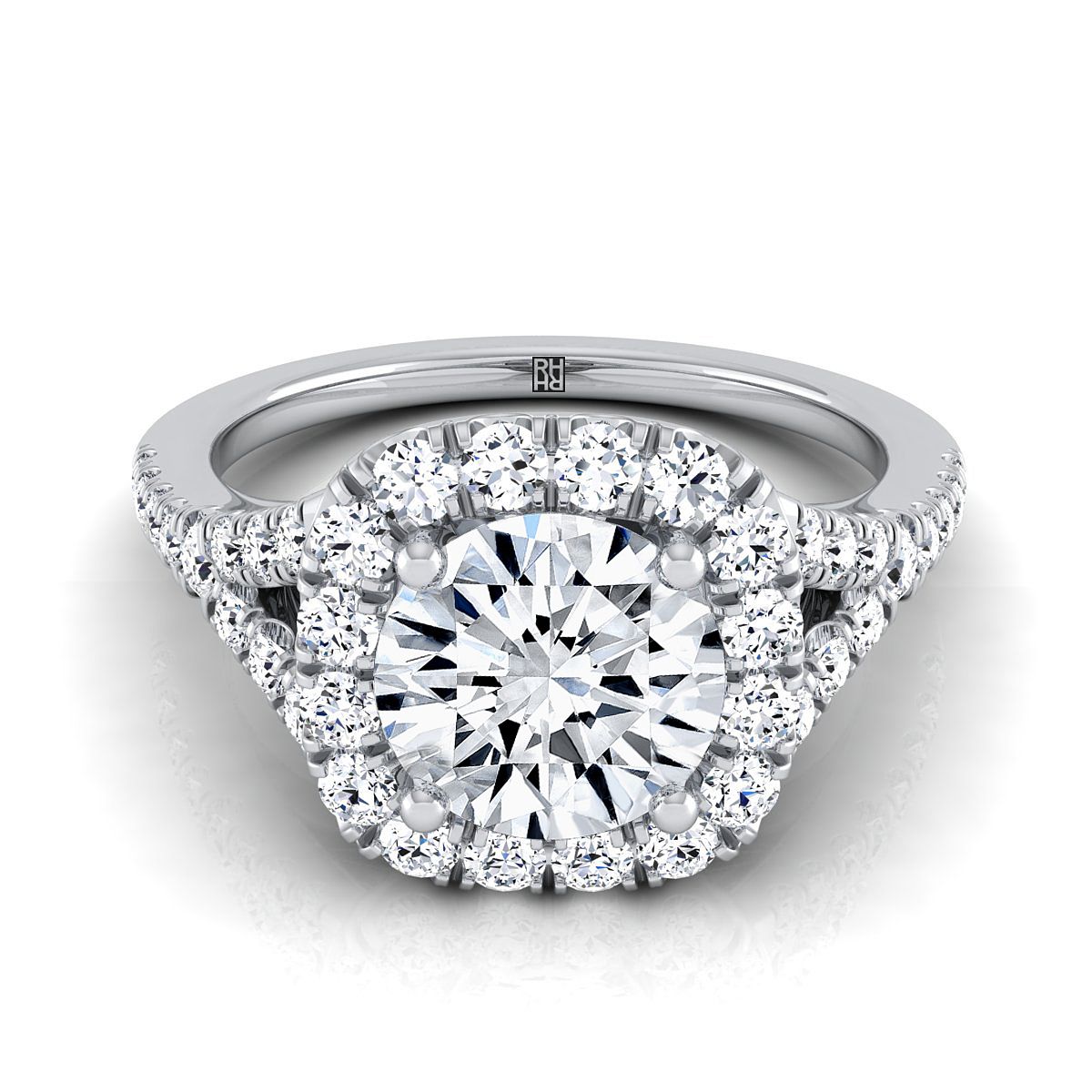 Platinum Round Brilliant Diamond Simple Prong Halo Split Shank Engagement Ring -1/2ctw